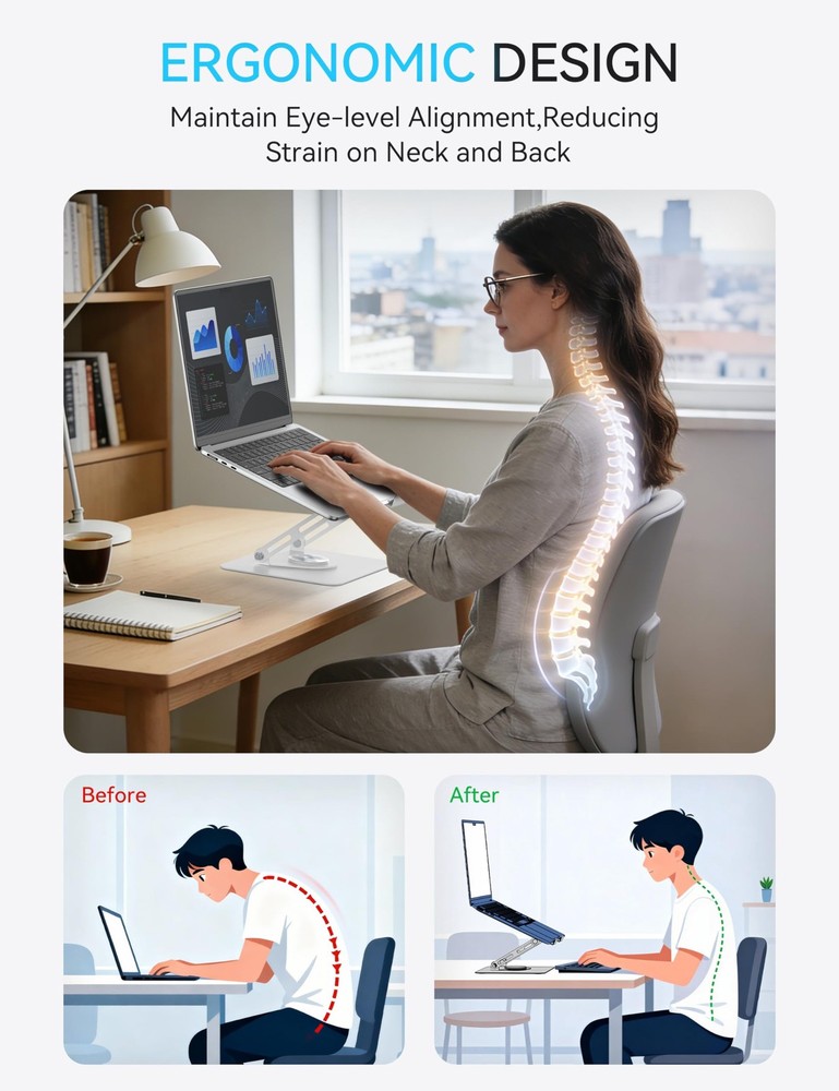360 Rotating Laptop Stand, Ergonomic Computer Riser for Desk, Adjustable Heig...