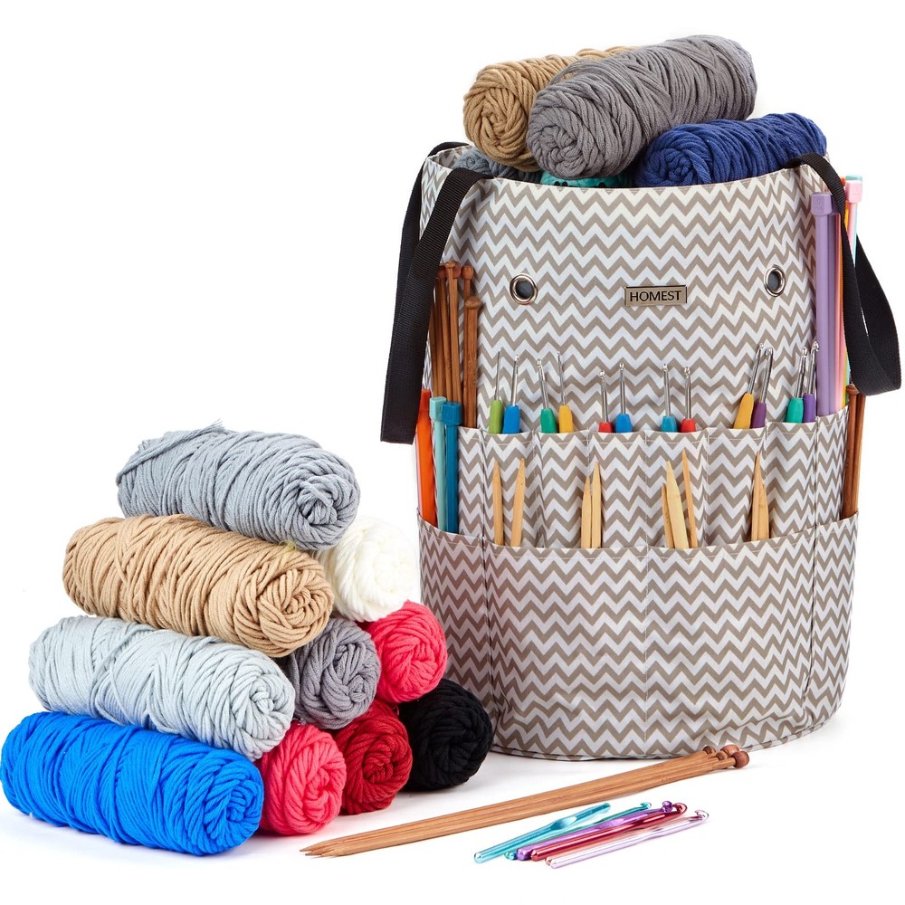 Large Crochet Bag with Customized Front Compartment for Knitting Accessories,...
