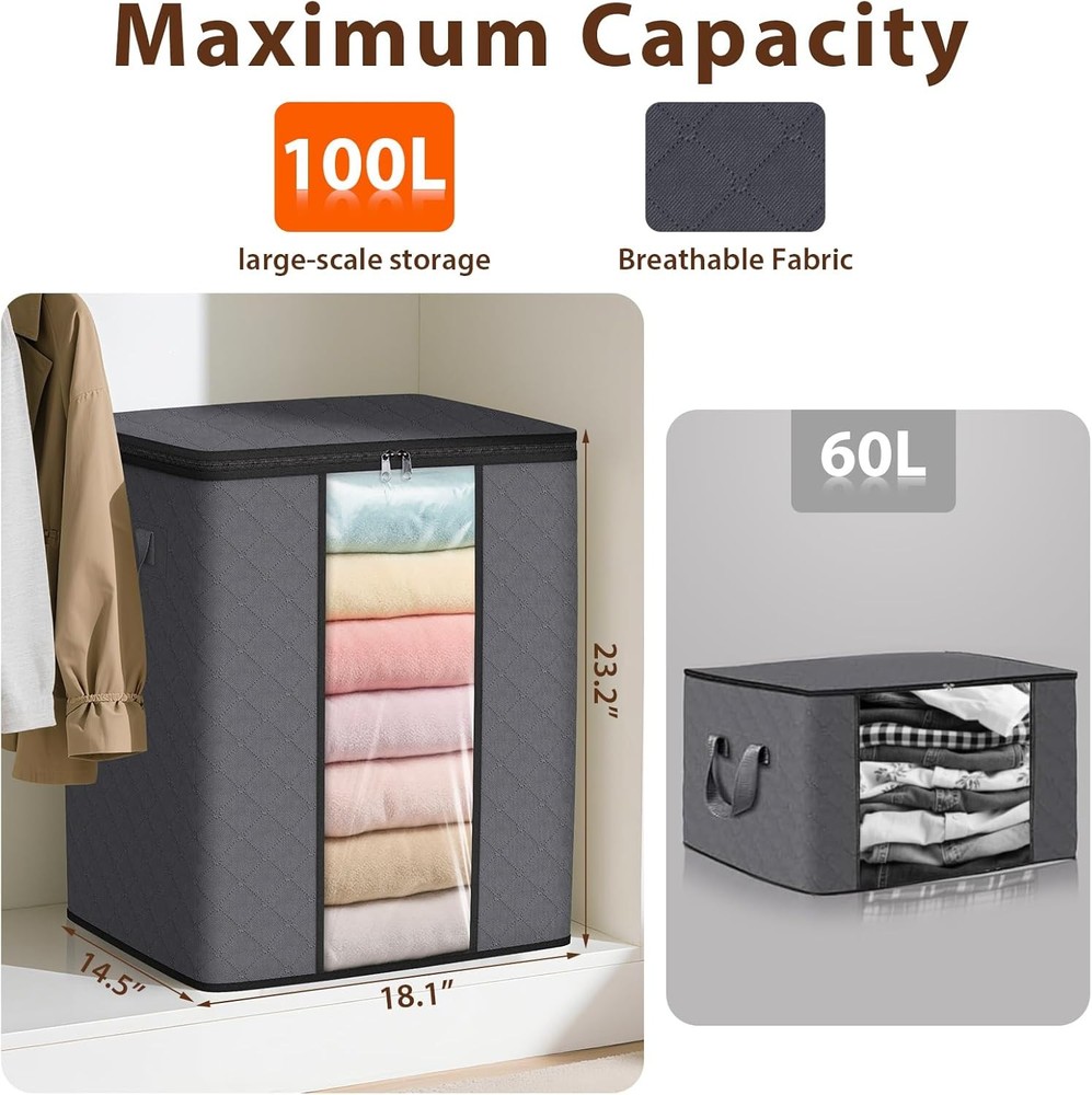 SpaceWhisper 3 Pack 100L Clothes Storage, Foldable Thick Fabric Blanket Storage