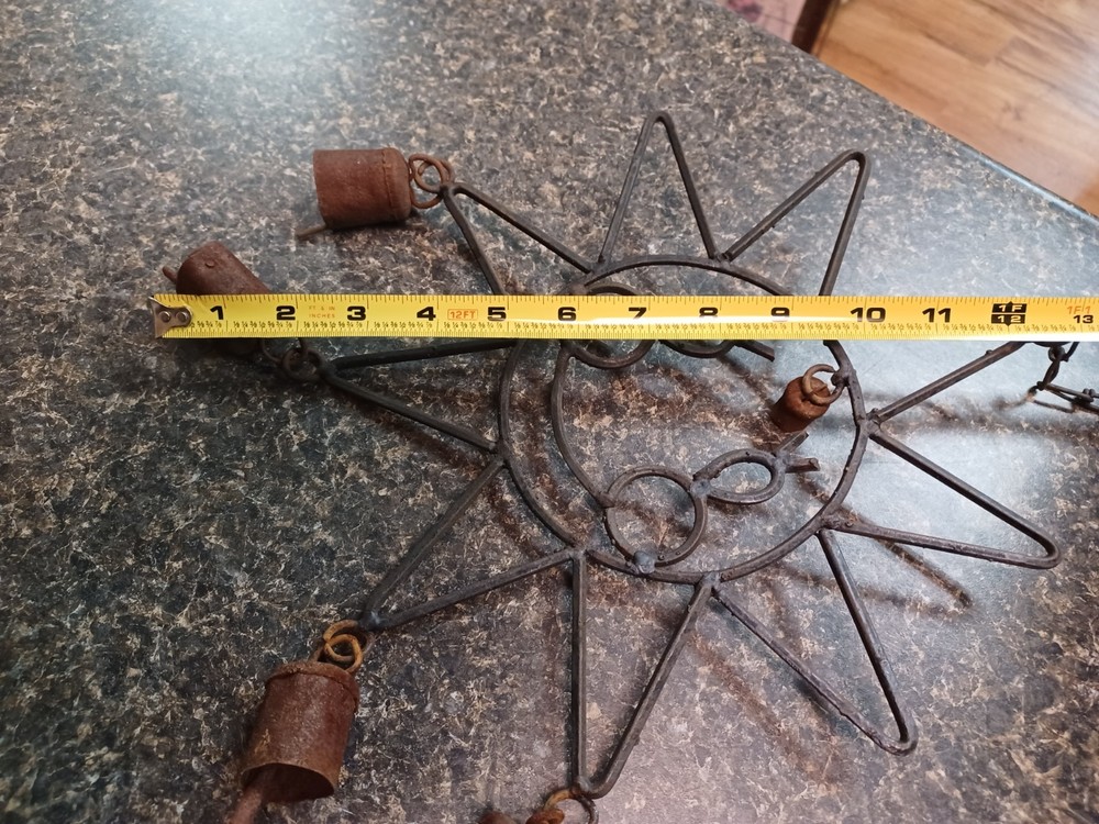 Vtg Primitive Rustic Iron Smiling Sun Rusty Bells Windchime Camel Bells