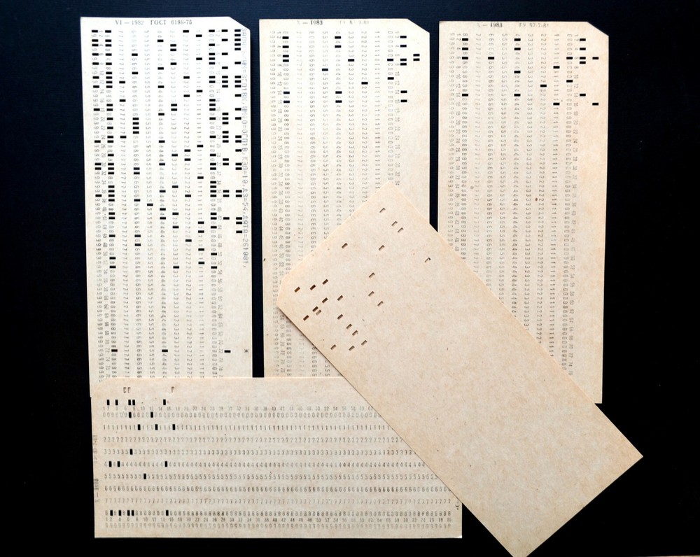2x VINTAGE MAINFRAME COMPUTER Perforated PUNCH CARDS. IBM 80-column card format