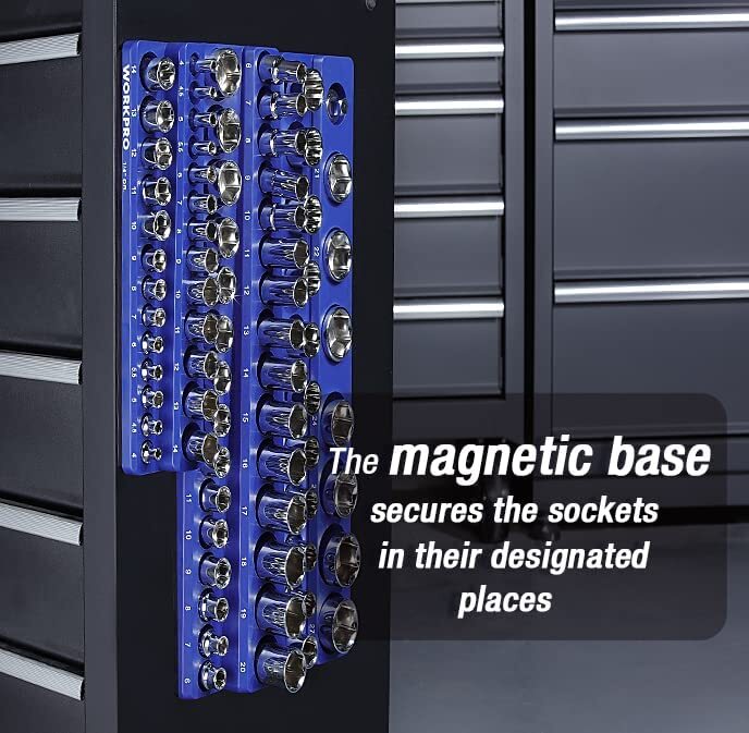 WORKPRO Magnetic Socket Organizer Set 3PC Socket Holder Set 1/4"3/8"&1/2"Drive