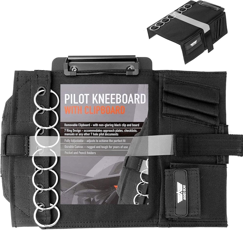 Adjustable Pilot Kneeboard with Removable Clipboard and 7 Ring Document Holder