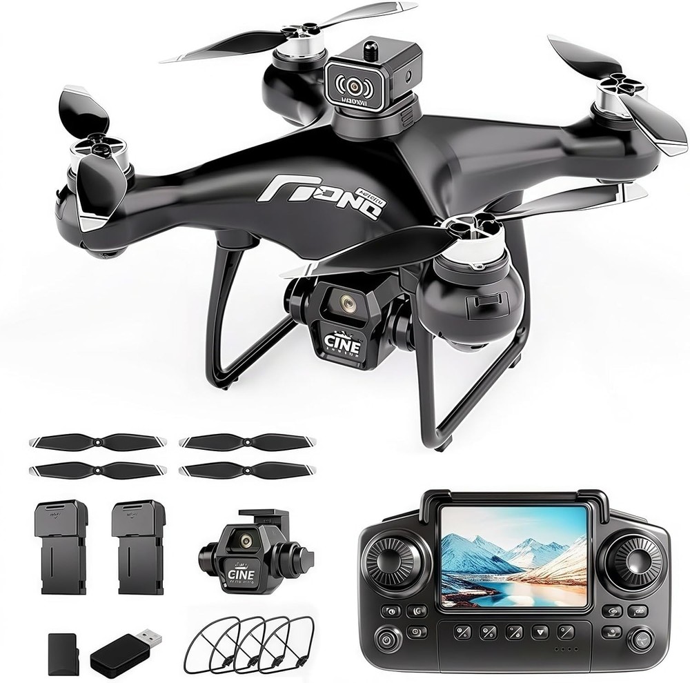 Beginner Foldable Drone with Screen Controller 720p HD Camera 2 Batteries Black