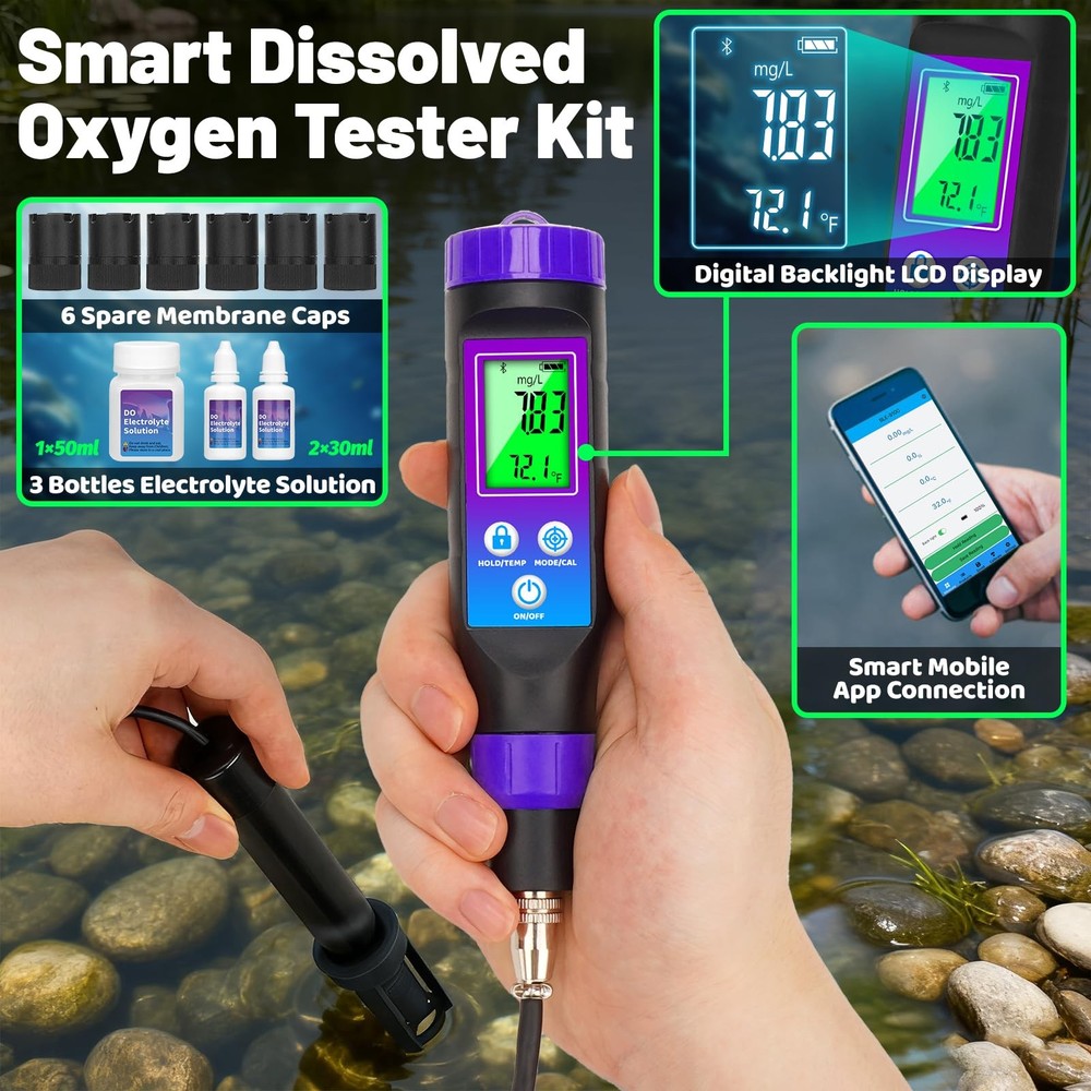 Smart Dissolved Oxygen Meter with 3.6ft Probe Cable, Portable DO Meter with E...