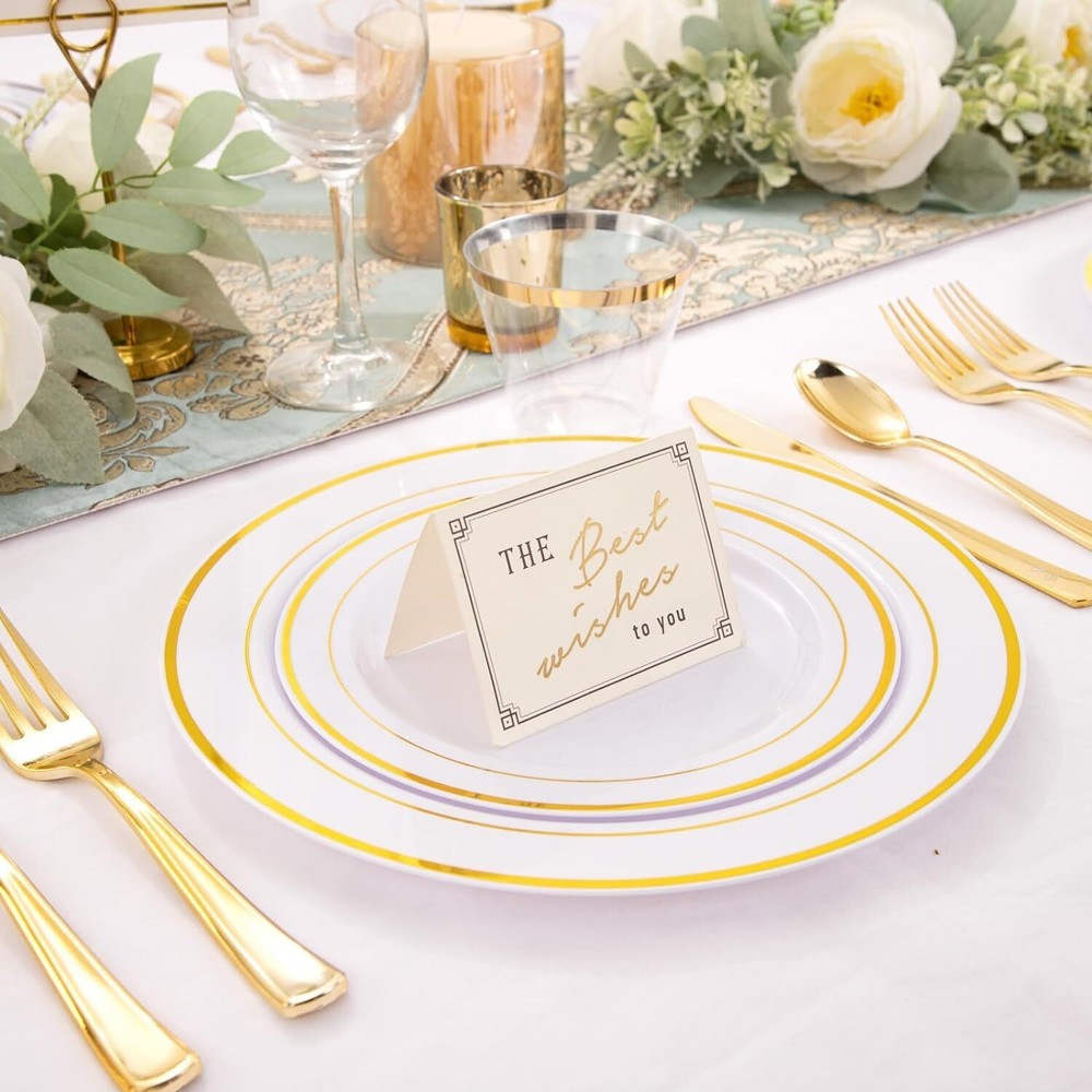 350 Pieces Gold Plastic Disposable Dinnerware Set w/Silverware and Cups Plates