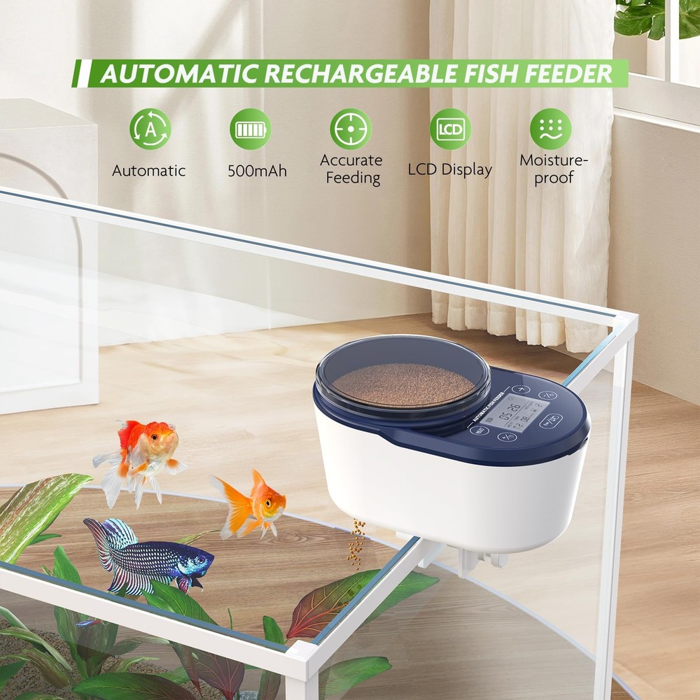 PAIZOO Automatic Fish Feeder, Rechargeable Timer Dark Blue＆ White