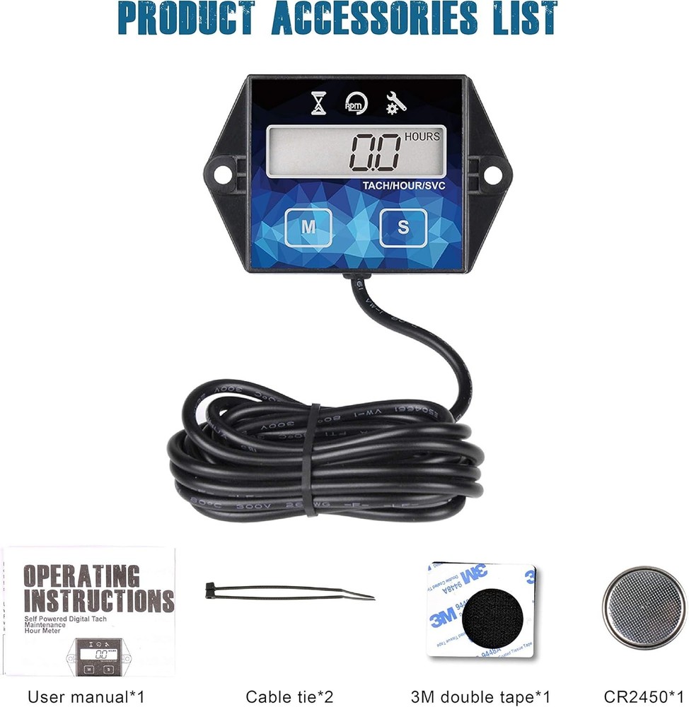Small Engine Hour Meter, Digital Tachometer, Maintenance Reminder, Battery Re...