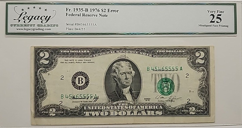 MISALIGNED PRINTING ERROR 1976 2$  LEGACY25 SOLID 5S 5555A