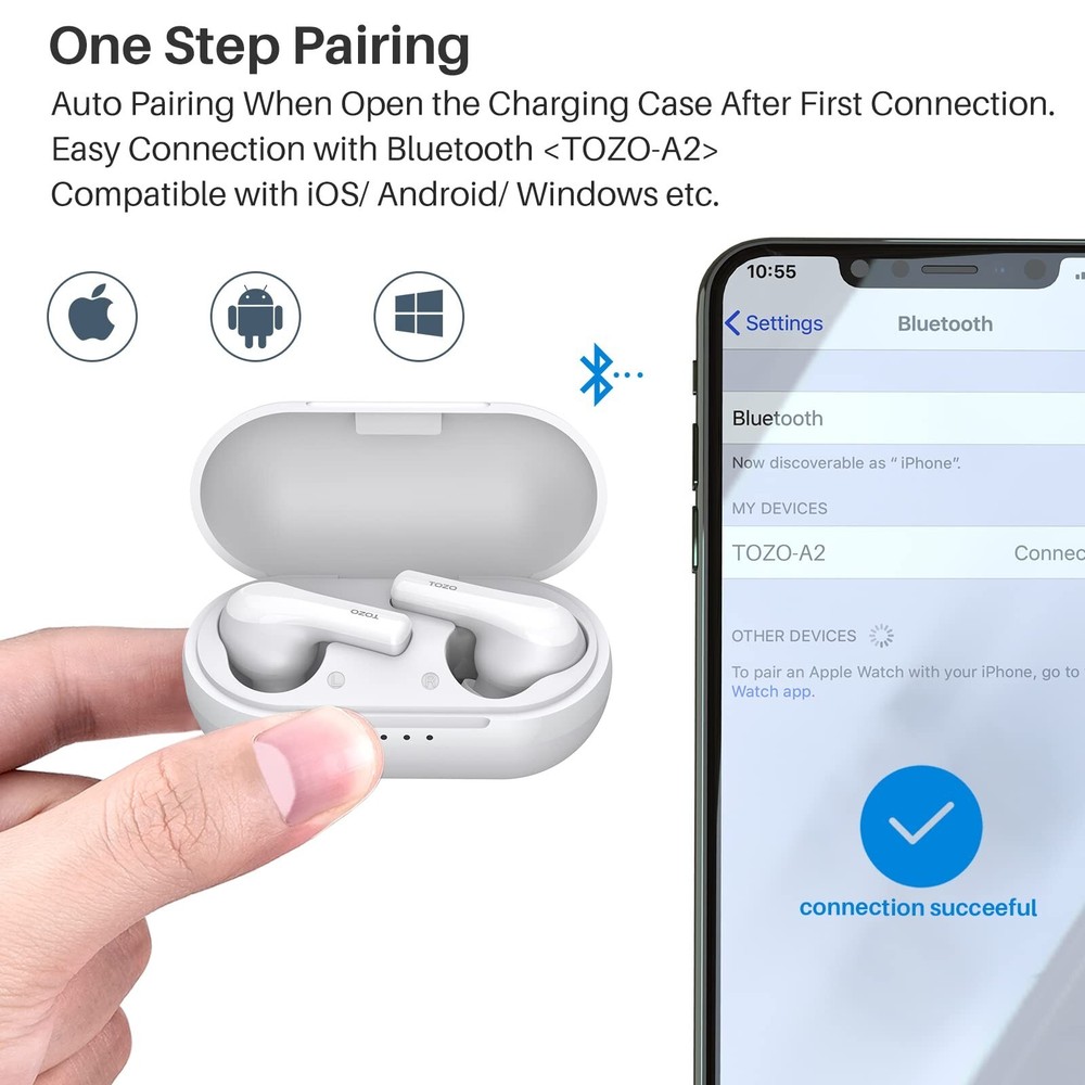 TOZO A2 Mini Wireless Earbuds Built-in Microphone, White (Renew)