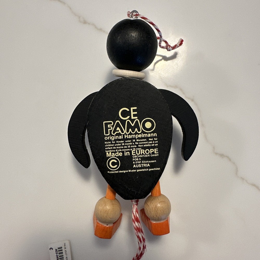 Wood Hand Painted Penguin Pull String Ornament 5.5" Made in Austria