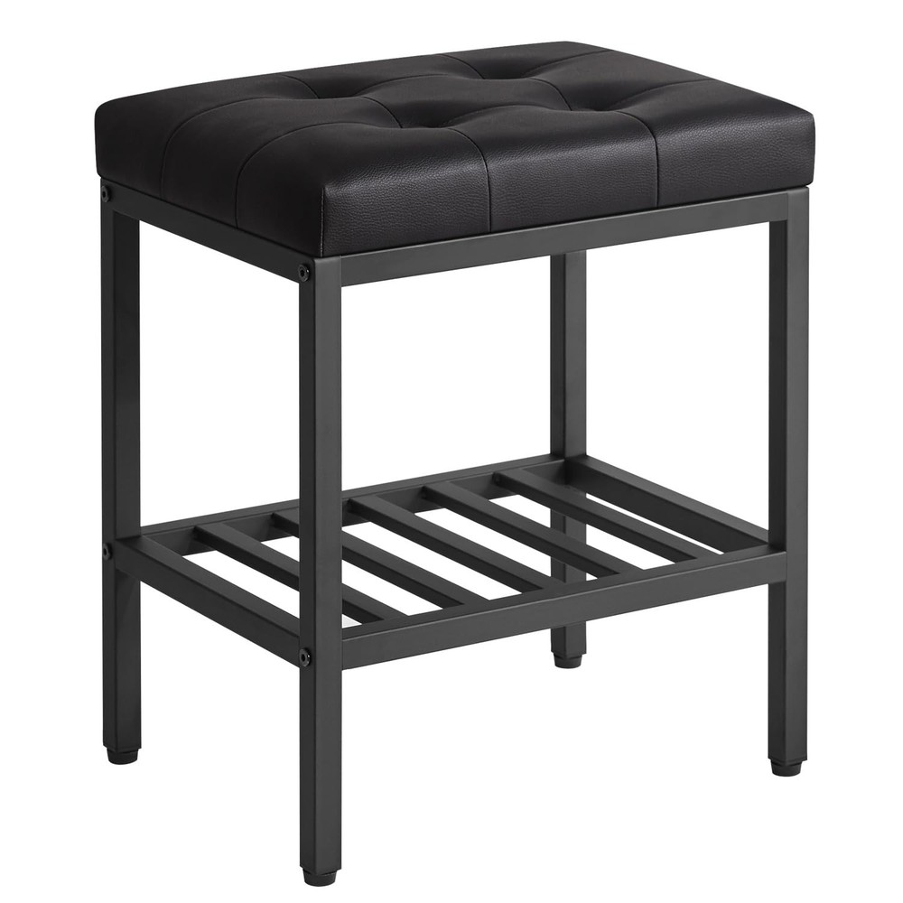 Rectangular Makeup Stool Adjustable Feet Storage Space PU Vanity Seat Black