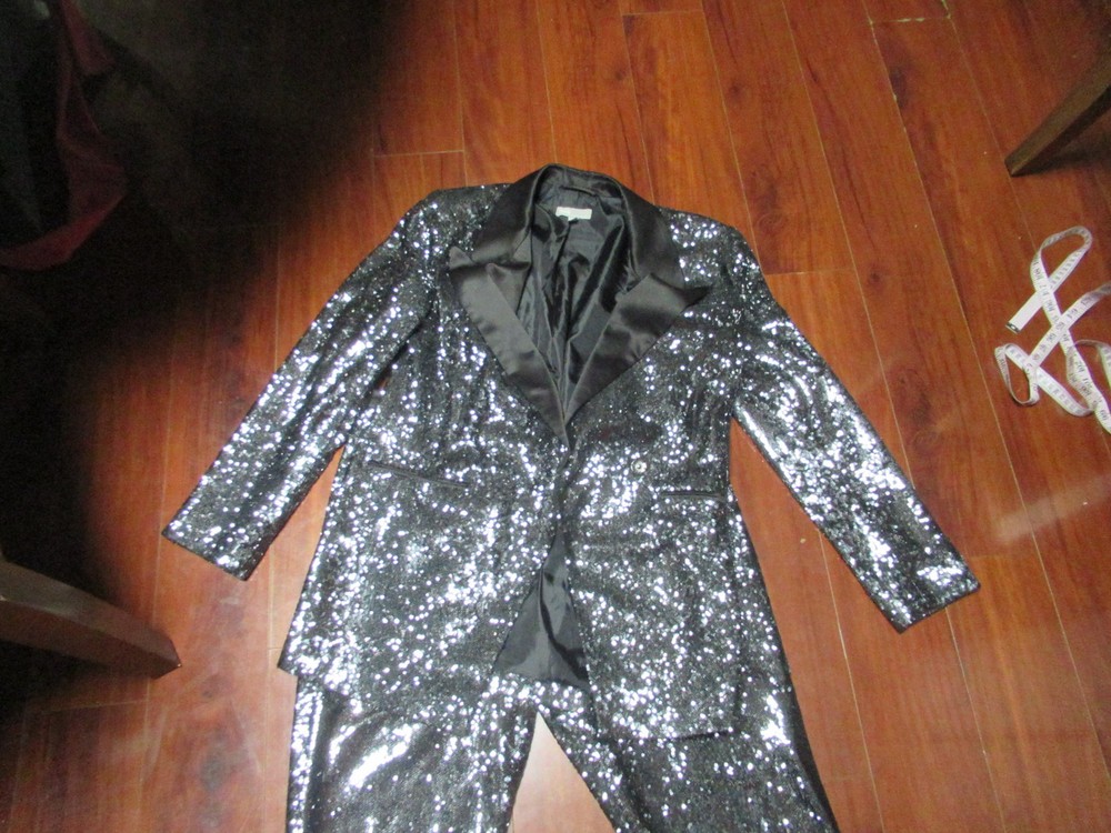 ASOS Sequin Blazer Black Silver Longline Evening Jacket Size US sz 12