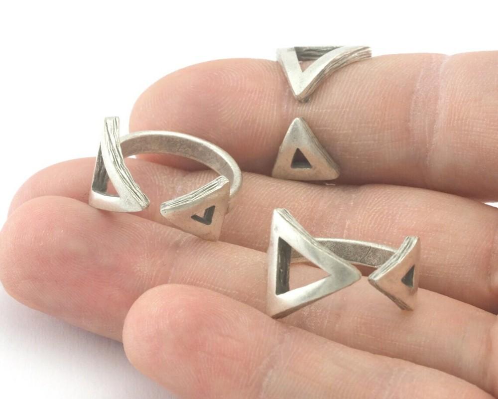 Brushed triangles frame band adjustable ring Antique silver brass 5-8US 4355