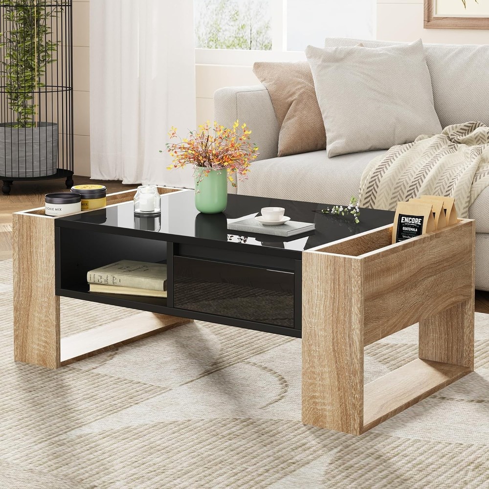 High Gloss Coffee Table 2 Drawers, Two-Tone Rectangle Center Table with Storage
