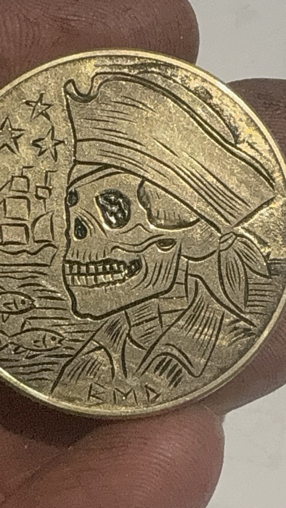 Hand Engraved Pirate Skull Brass Coin