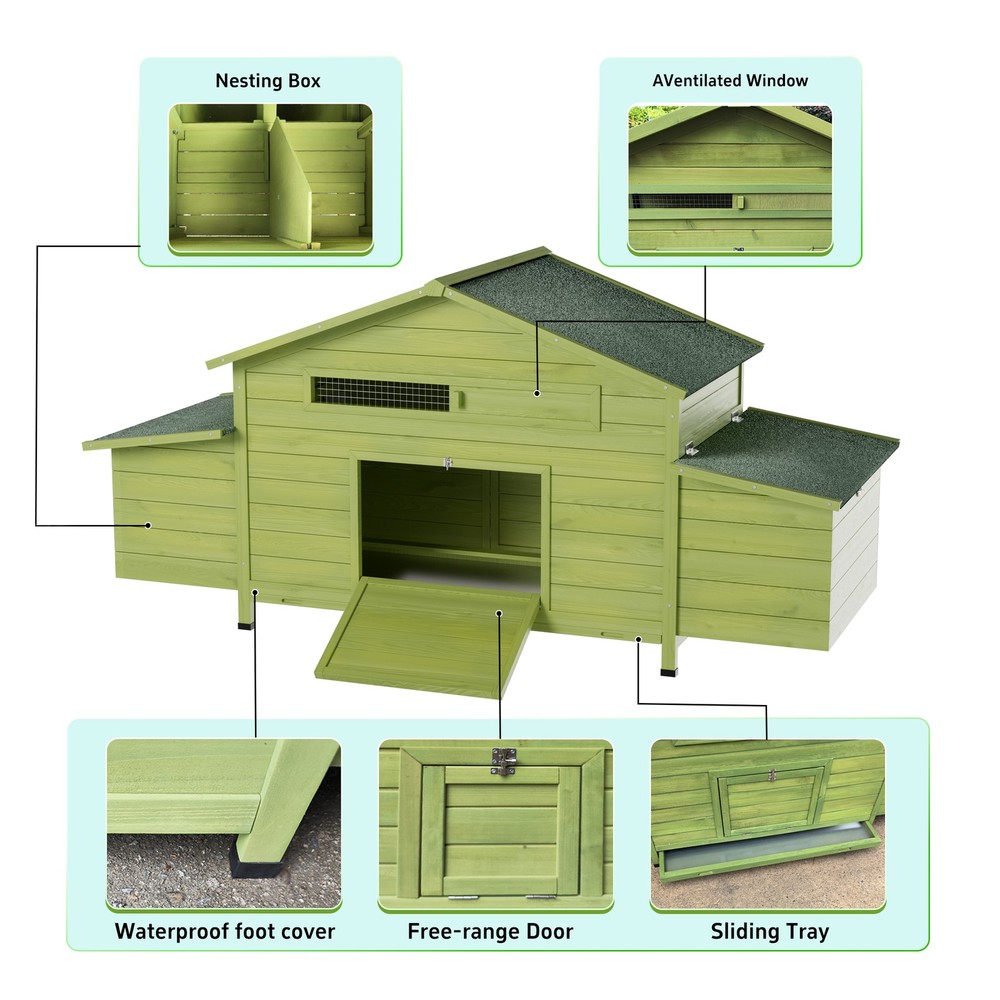 11.12 ft² Wooden Chicken Coop 2 Free-Range Doors 2 Nesting Boxes & Perch