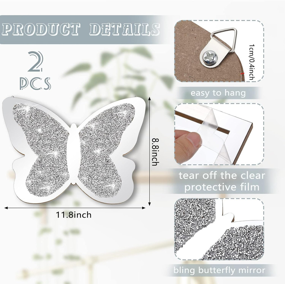 2 Pieces Butterfly Shaped Mirror Crystal Crushed Diamond Silver Mirror Silver Wa