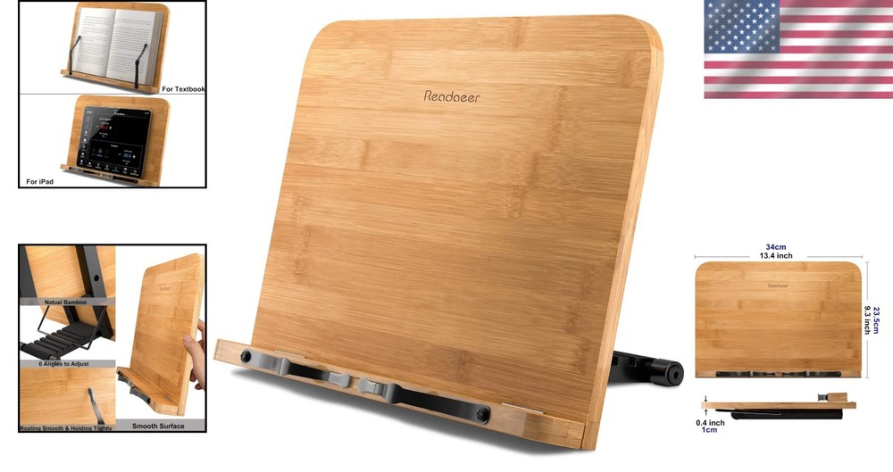 Bamboo Book Stand - Large Adjustable Foldable Desktop Document Holder in Style
