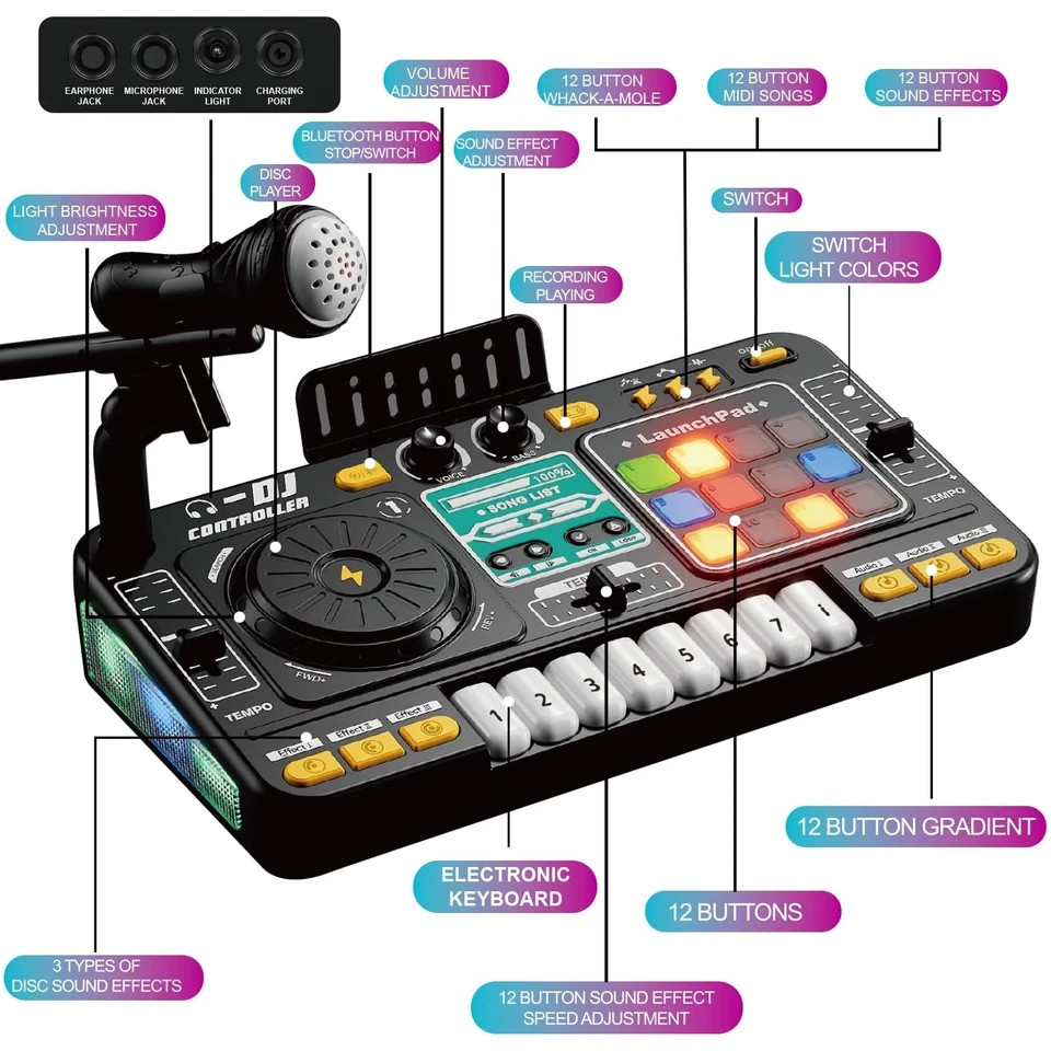 Kids DJ Mixer Controller with Bluetooth, LED Lights, Microphone - Birthday Gift