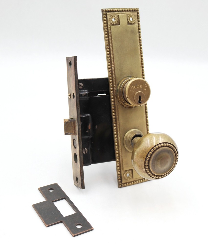 Vintage Solid Brass Beaded Entry Door Knob Set