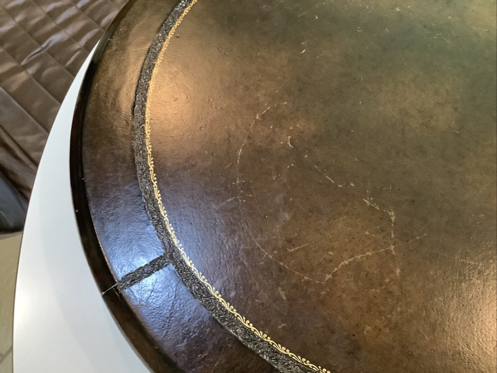 Vintage Tooled Leather Covered Table Top Or display Stand WOW