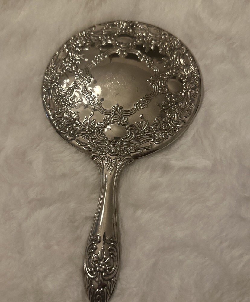 Vintage Silver Plated Scrolled Round Vanity Hand Mirror
