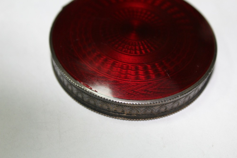 Antique 935 Silver Red Enamel Hallmarks Box Trinket Pill Compact # S285
