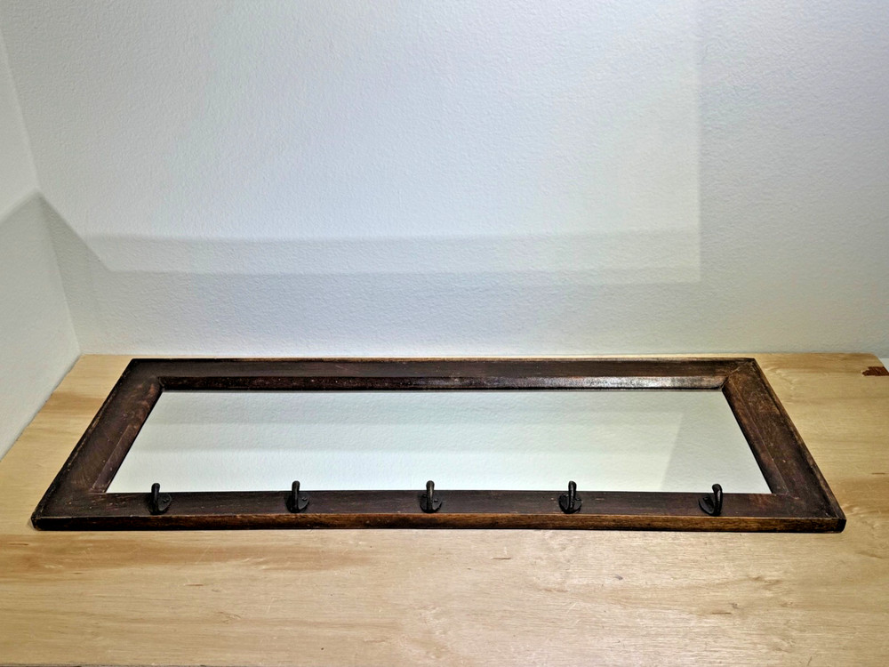 Antique Cape Cod Wall Mirror with Hooks | Black Walnut Wood Frame | 36"W x 14"H