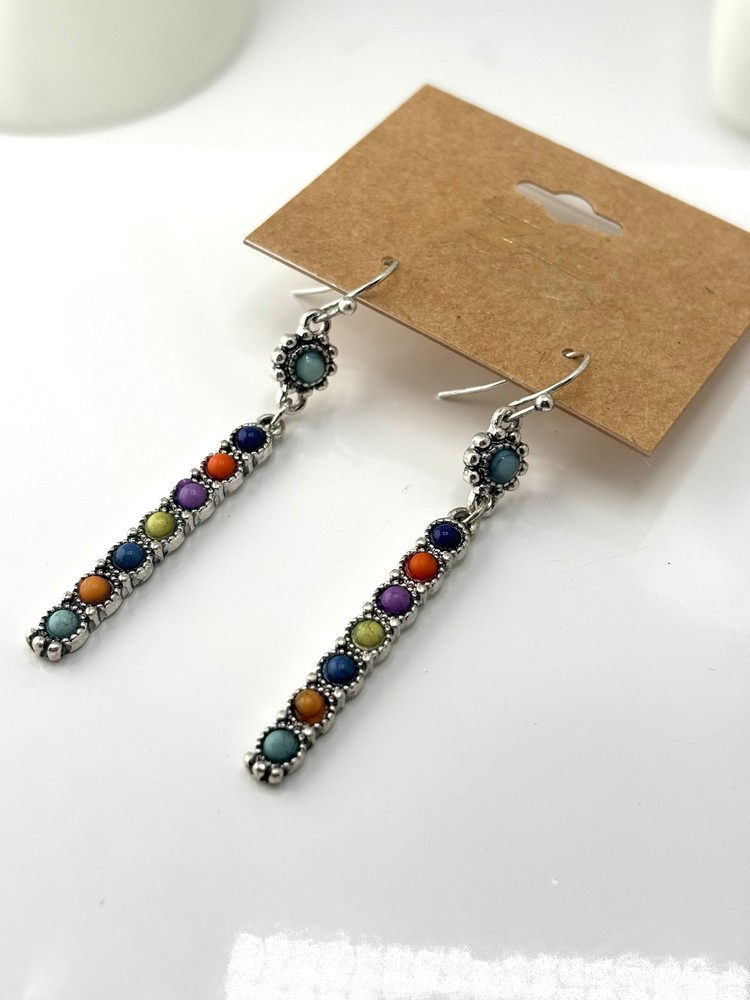 Silver Multi Stone Colorful Bar Dangle Earrings
