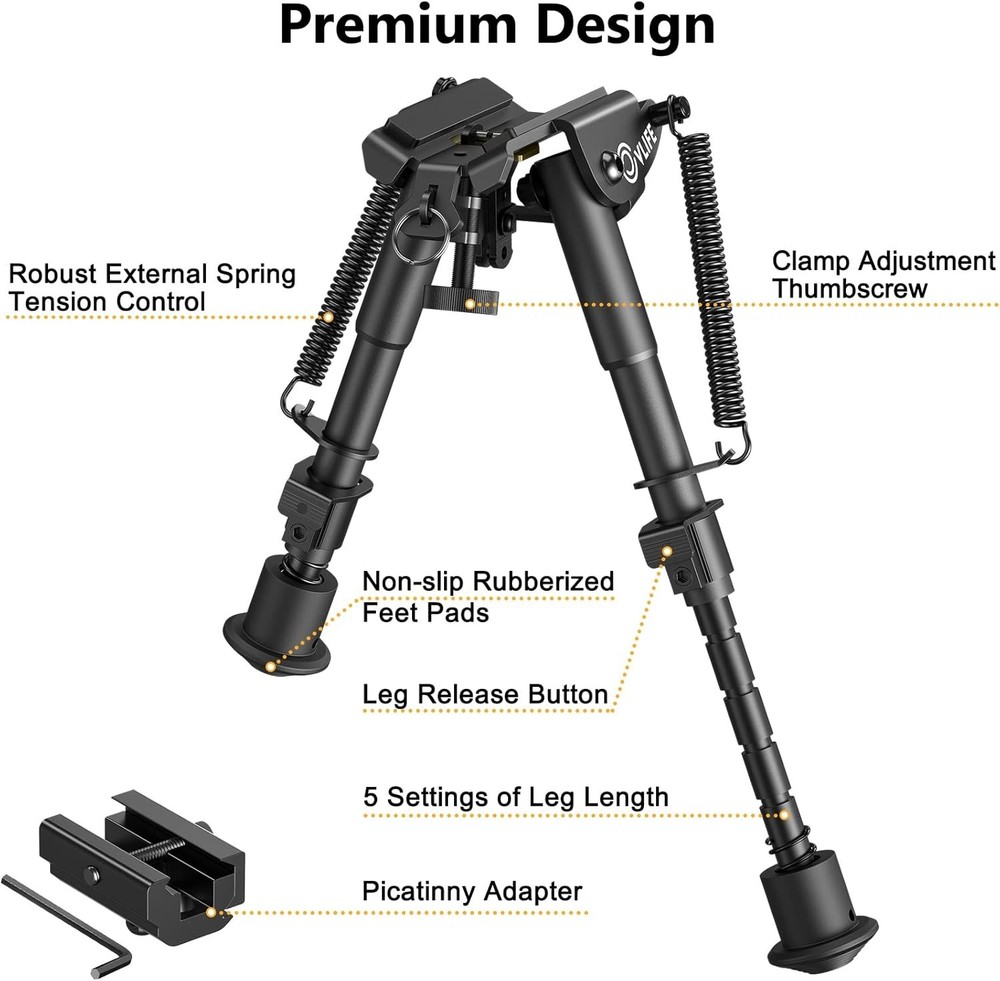 Compact 6-9 Inch Adjustable Bipod with Rubberized Grip for Enhanced Stability