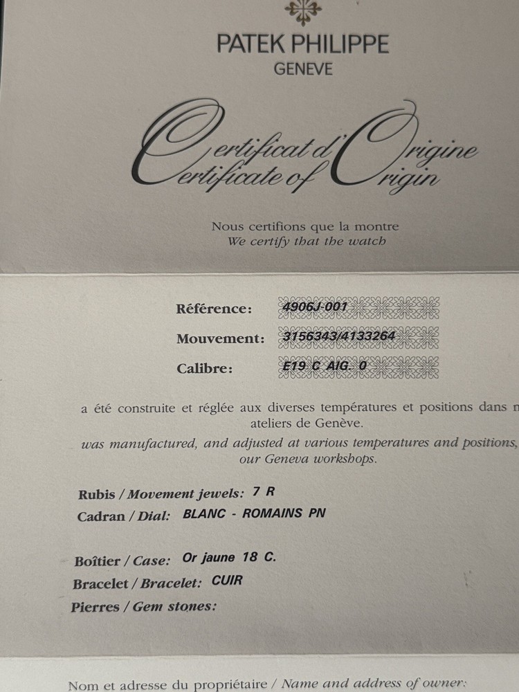 PATEK PHILIPPE LEATHER FOLDER with CERTIFICATE & MOVEMENTS BOOKLET & PAMPHLET