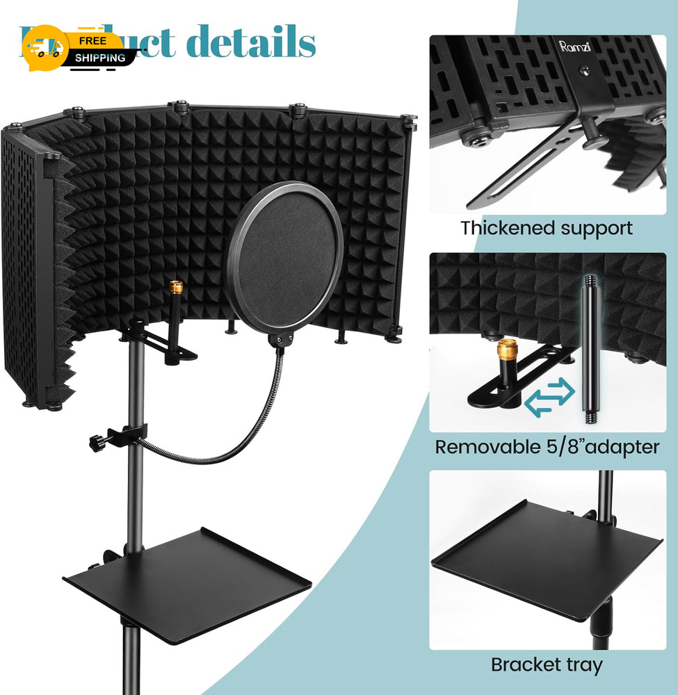 Microphone Stand with Isolation Shield and Pop Filter for Recording