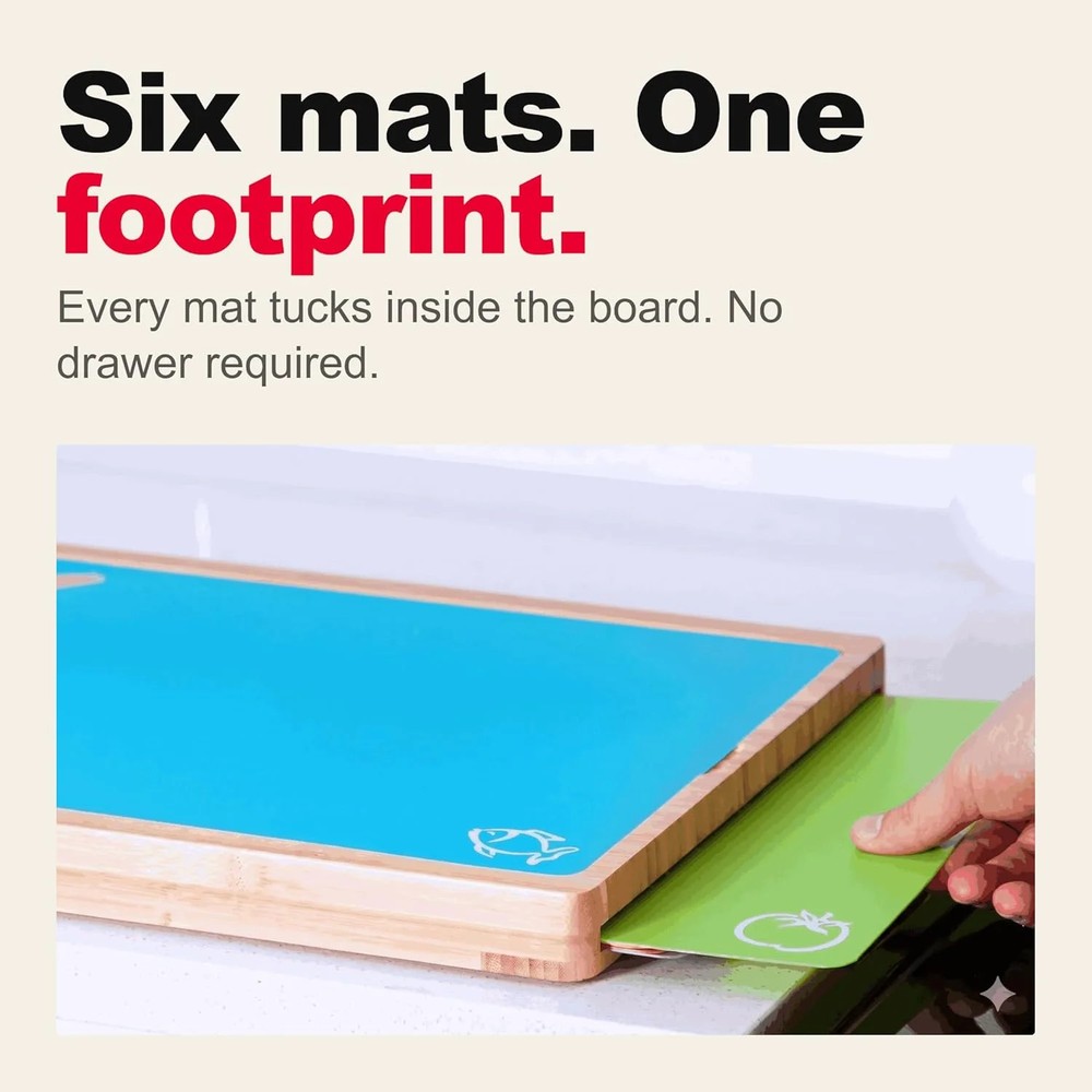 Cooler Kitchen Bamboo Cutting Board Set with 6 Color Coded Flexible Plastic Mats