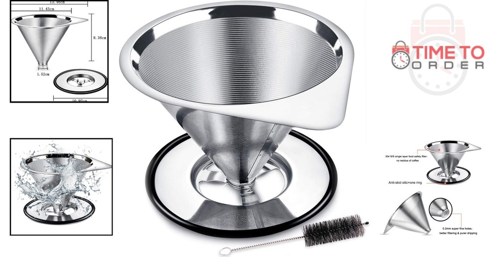 Stainless Steel Pour Over Coffee Dripper Cone Filter Reusable Single Cup with...