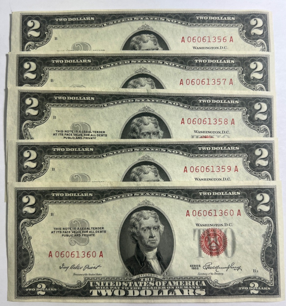 1953 $2 US Red Seal Note Consecutive LOTS 20 Notes Total Crisp & Uncirculated