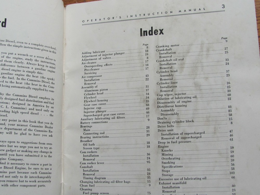 1944 Cummings Diesel Engine Model H Series Operator's Instruction Manual Book