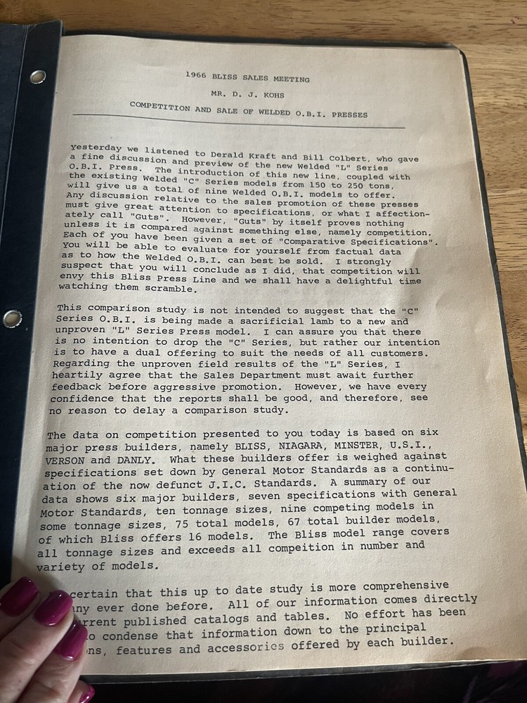 E.W Bliss Co Inclinable Presses 22-200 Ton Comparative Specifications, 1966
