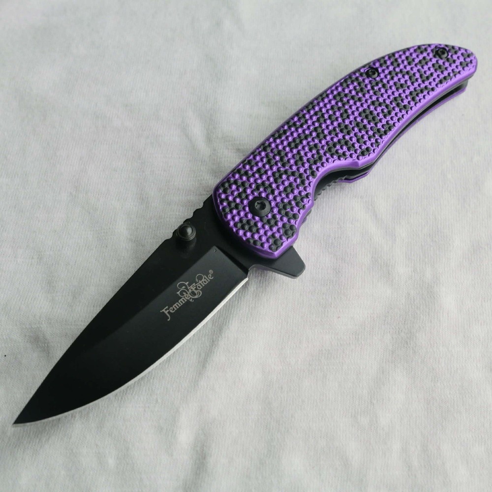 Purple And Black Leopard Design Aluminum Handle Spring Assisted Pocketknife