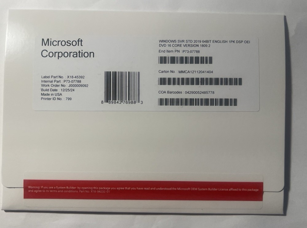 Microsoft Windows Server 2019 Standard 16 Core OEM DVD SEALED (NEW)