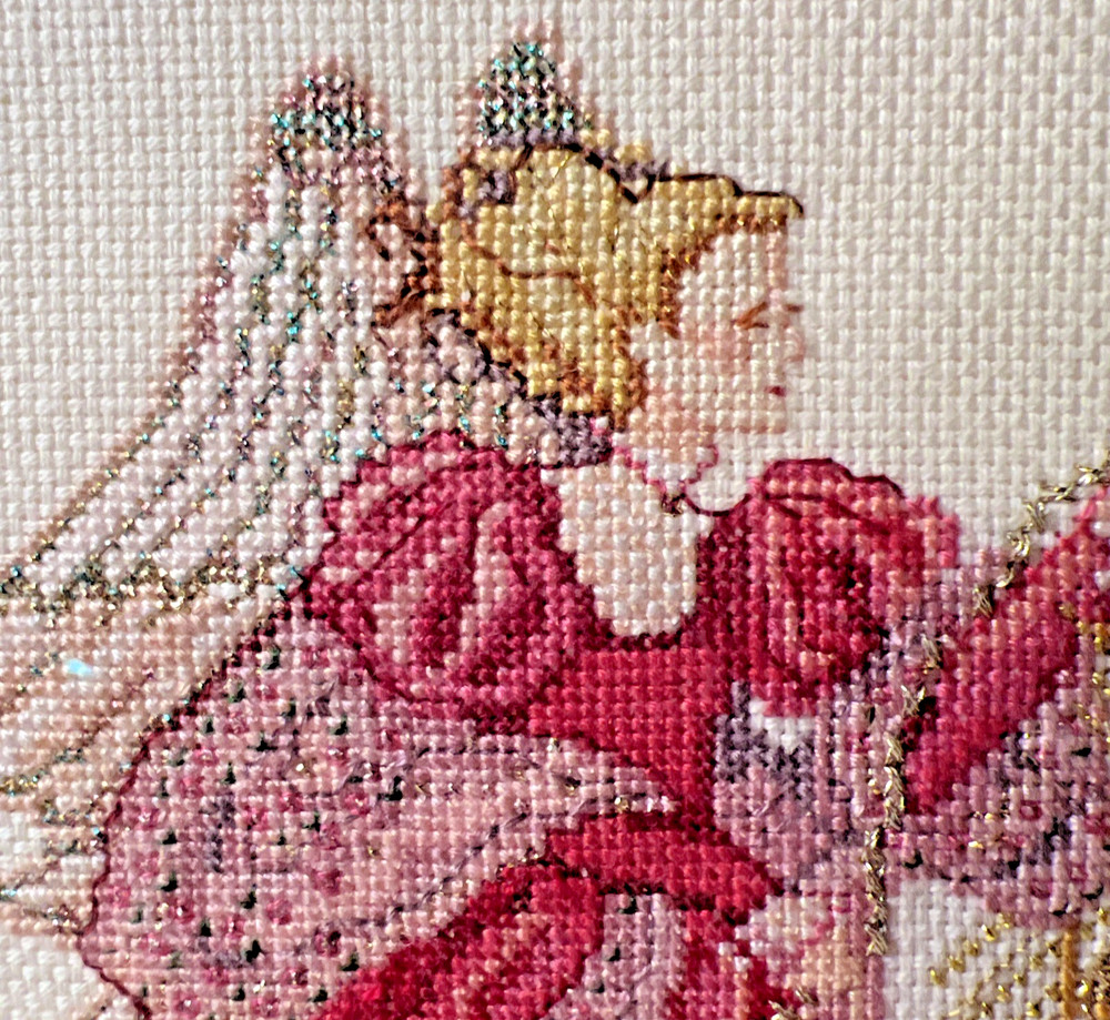 Completed Needlework VNTG. Framed Cross Stitch ANGEL Pink Spring Easter Sparkly!