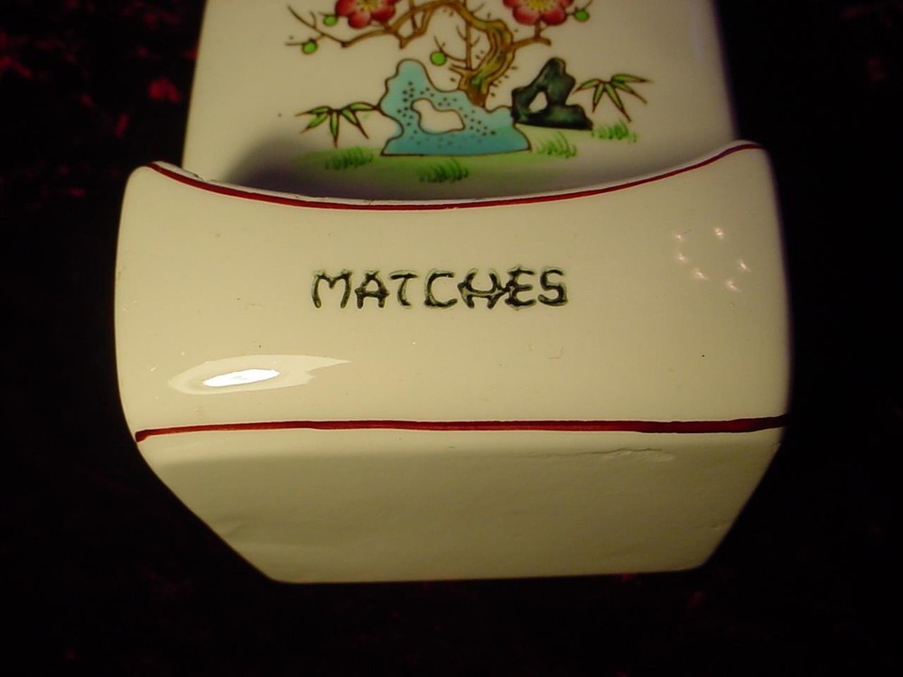 Vintage Indian Tree pattern ceramic wall hanging match holder / safe