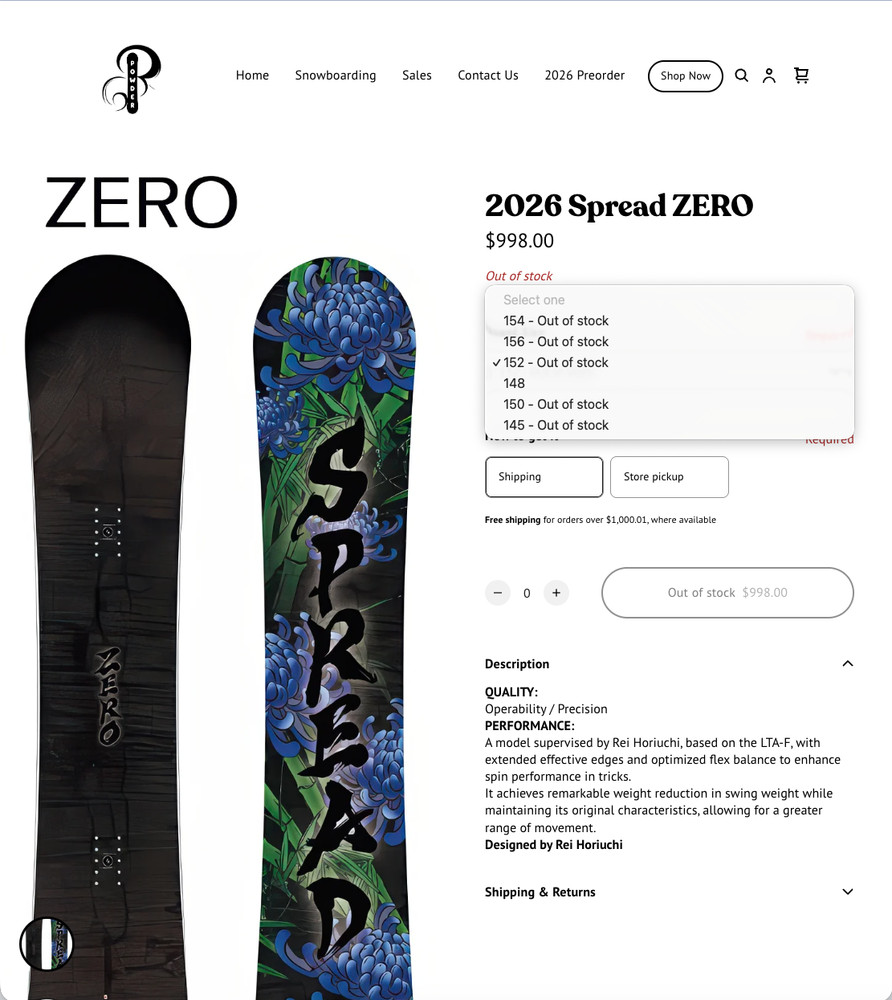Spread Japanese Snowboard 25-26 - Model ZERO 152cm