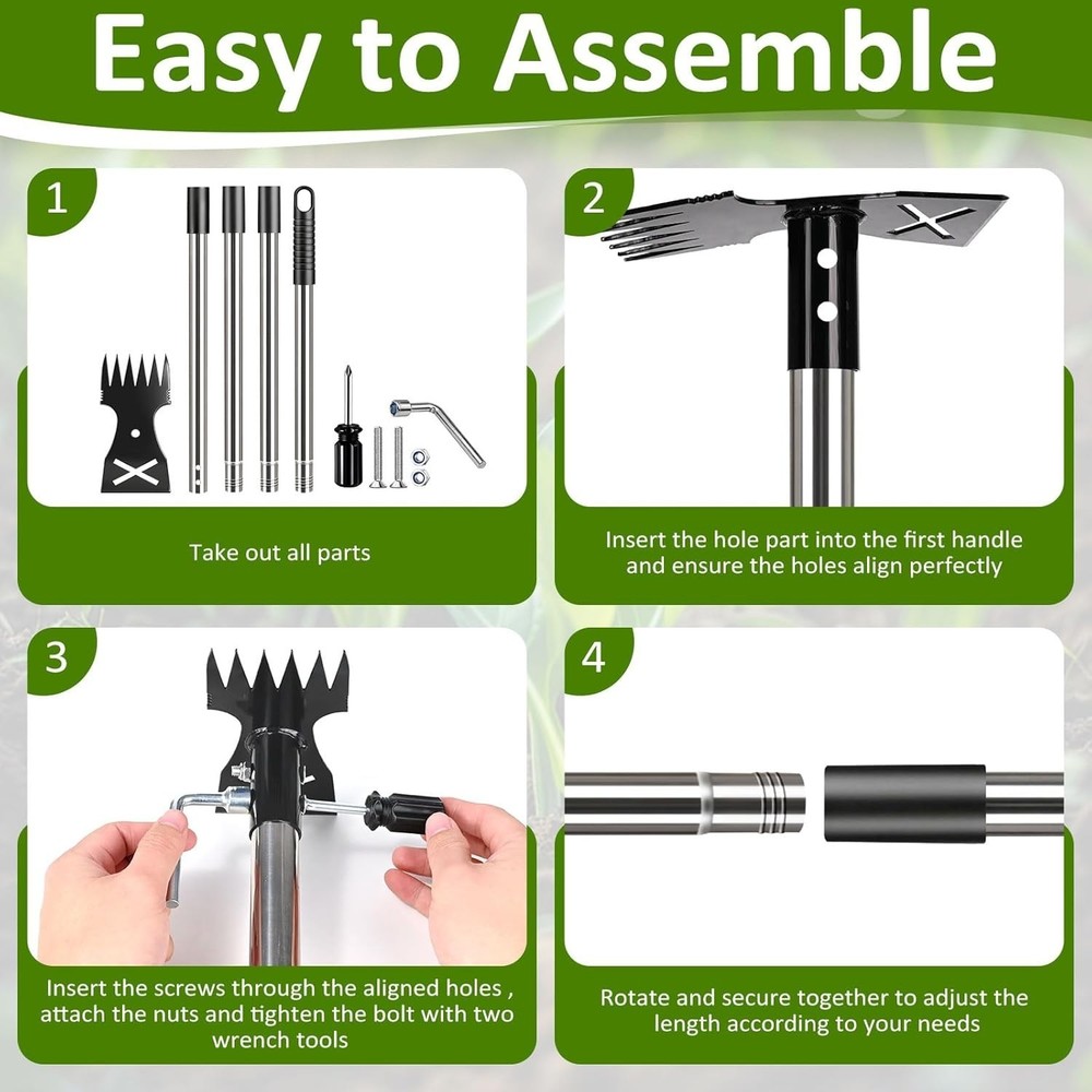 2-in-1 Weed Puller Tool & Garden Hoe Long Handle Manual Weeder Rake Adjustable