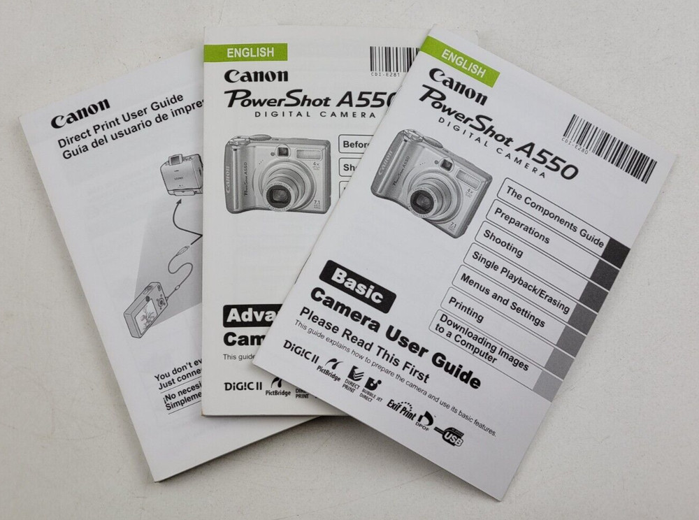 Advanced & Basic English Language User Guides for Canon PowerShot A550 Camera