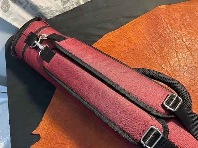 TNT 3x6 Red Nylon Pool Cue Case. Blue interior. Back Pack Straps.
