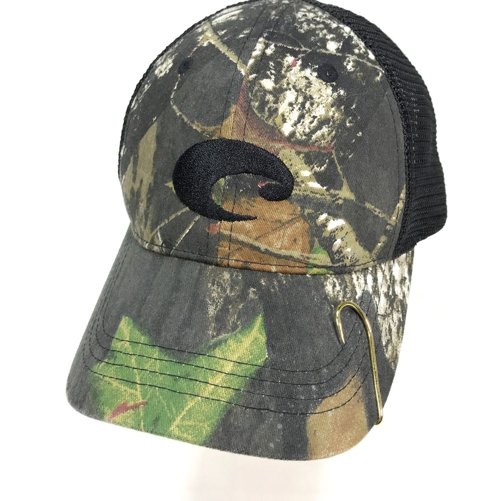 COSTA DEL MAR Camo Black Mesh Strapback Trucker Cap Hat w/ Fish Hook Accent