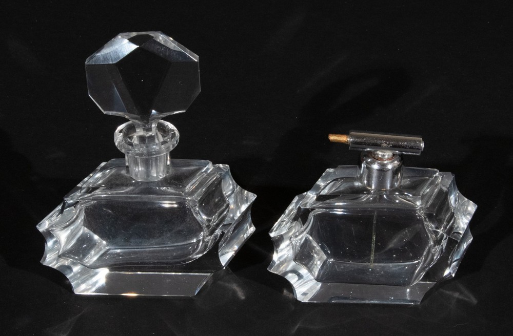 Art Deco Perfume Clear Cut Crystal Glass Dressing Table Set