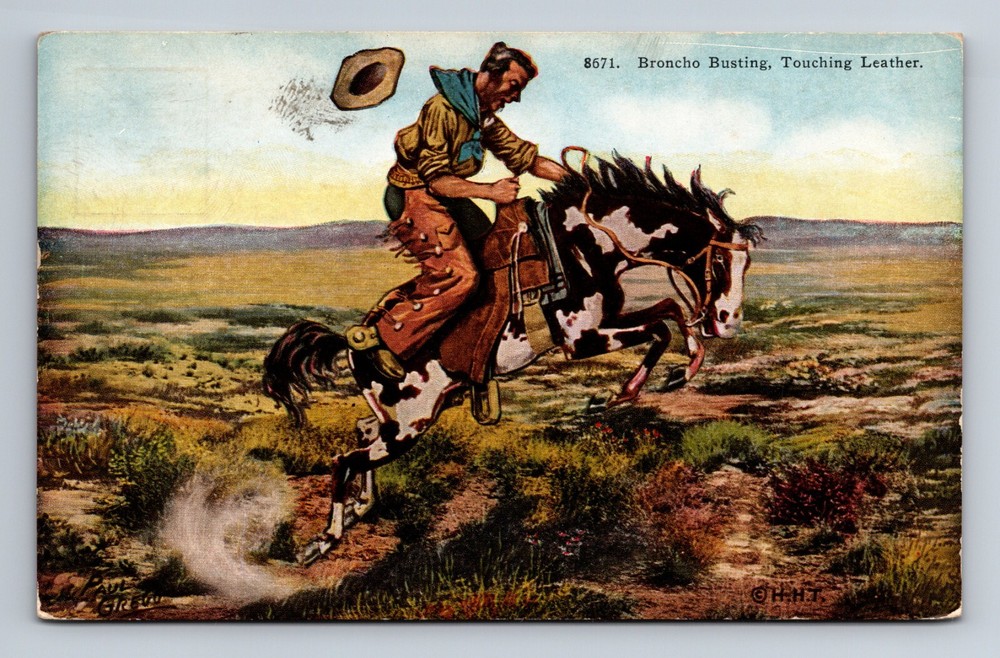 Postcard Bucking Broncho Busting Cowboy Touching Leather Saddle