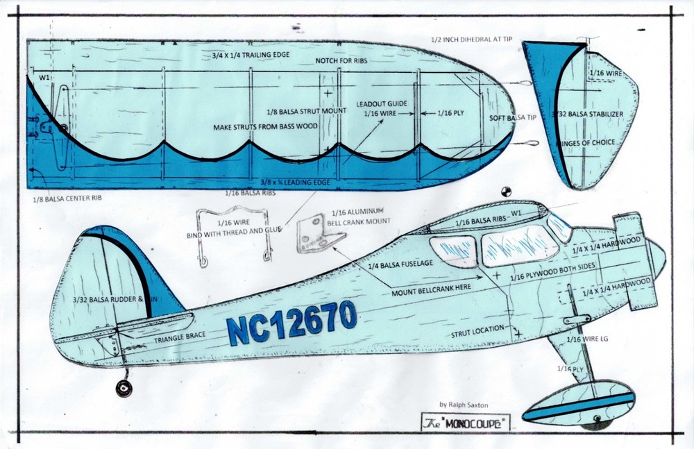 1/2 A profile" Early model Monocoupe" U-Control plans